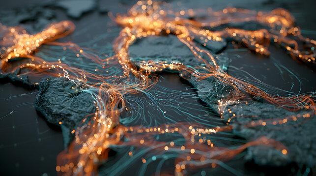 Wide cinematic view of the global digital map with glowing oil trade routes and lines symbolizing international energy market dynamics. Futuristic data visualization style