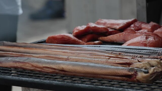 fresh smoked eels and salmon