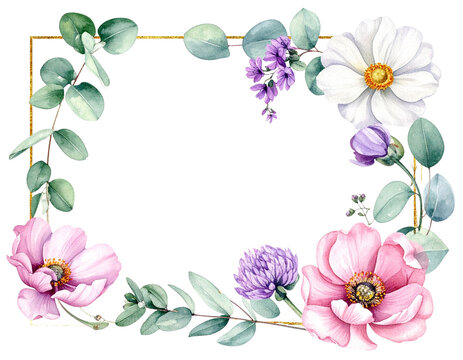 Watercolor pink and white flowers gold rectangle horizontal frame on transparent background