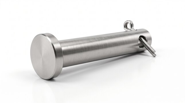 Industrial clevis pin isolated on a white background with realistic machined steel texture and professional studio lighting.