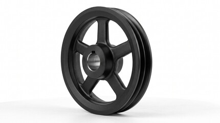 Naklejka premium Industrial V-belt pulley isolated on a white background with realistic cast iron texture and studio lighting.