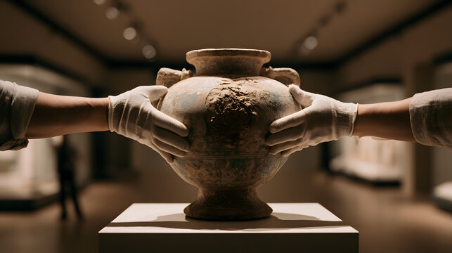 Pairs of hands in white gloves carefully place a delicate ceramic vase on a white pedestal in a dimly lit art gallery or museum setting