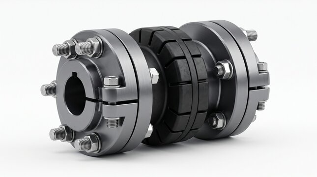 Industrial flexible coupling isolated on a white background with realistic aluminum and elastomer textures under professional studio lighting.