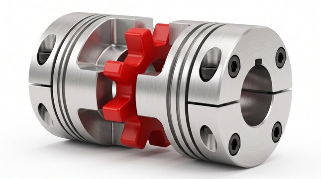 Industrial jaw coupling isolated on a white background with realistic machined aluminum and elastomer textures.