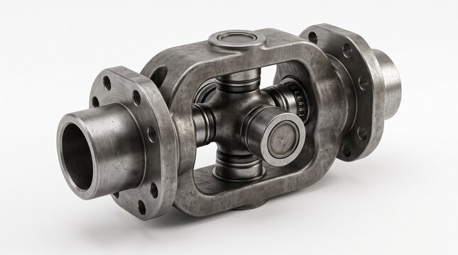 Industrial universal joint isolated on a white background with realistic forged steel texture and studio lighting.