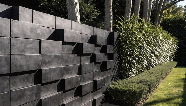 Modern dark grey brick wall with geometric texture in a lush green garden setting