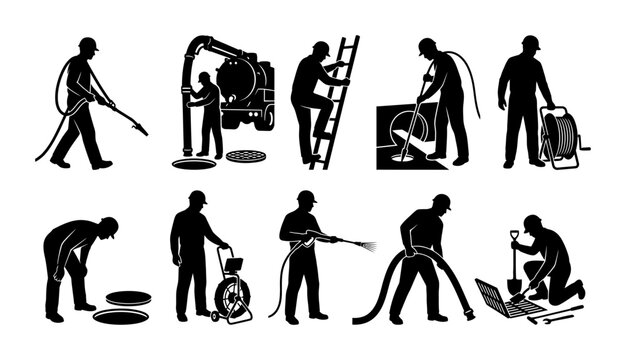 Drain Cleaning Professional Silhouette Set Sewer Maintenance Icons
