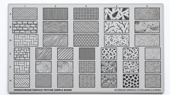 Monochrome surface texture sample board displaying forty unique black and white patterns arranged in a grid for graphic design architecture and industrial material testing purposes