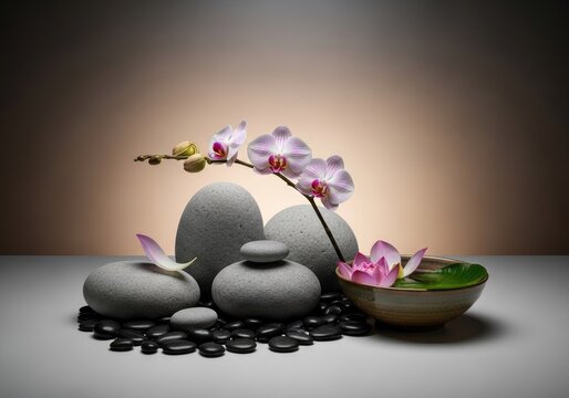 Zen inspired spa composition with orchids stones and water bowl for relaxation