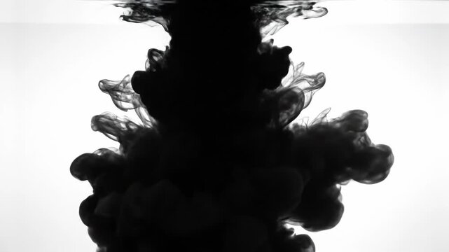 Black ink swirling and dissolving in water forming abstract smoke patterns on white background