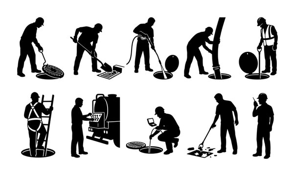Sewer Maintenance Worker Silhouette Set For Drainage Inspection