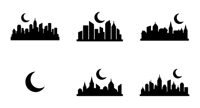 Black Cityscape Silhouettes with Crescent Moon, Urban Skyline Icons, Nighttime Cityscape Vector Art