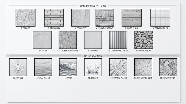 Comprehensive collection of various architectural wall surface textures and diverse natural water graphics displayed in a clean grid layout for professional design and architectural reference projects