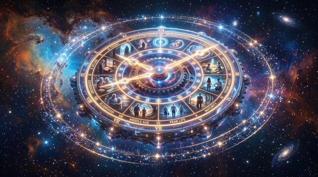Cosmic Clockwork: A celestial clockwork mechanism orbits a starry nebula, depicting zodiacal signs and cosmic figures in an intricate display of universal time and destiny.
