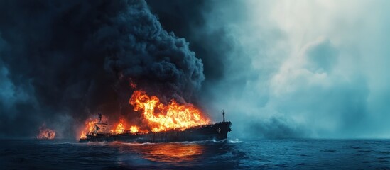 Fototapeta premium A burning ship on the ocean, surrounded by thick smoke and flames. The scene captures a dramatic maritime disaster with dark clouds overhead.