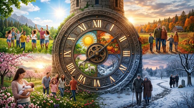 The Cycle of Life: A composite image depicting the four seasons and human life stages, framed by a grand clock and castle-like structure.
