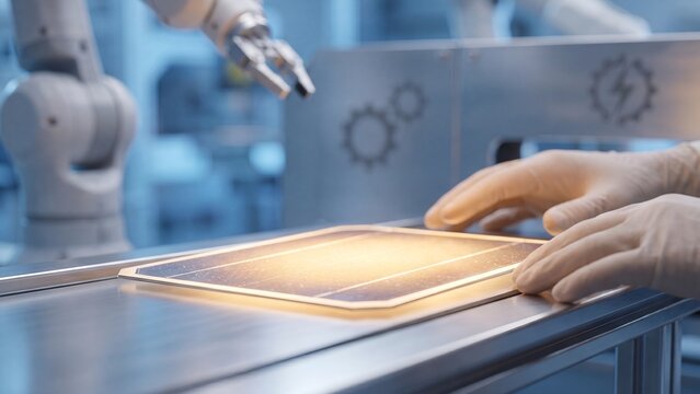 Gloved hands inspecting glowing solar cell on production line with robotic arm in factory showing photovoltaic panel manufacturing renewable energy technology automated industry and quality control