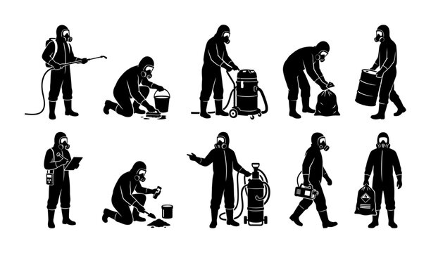 Hazmat Team Silhouettes Set Professional Protective Gear Workers
