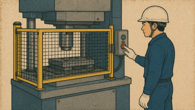 工場で安全柵のあるプレス機械の緊急停止ボタンを押す作業員