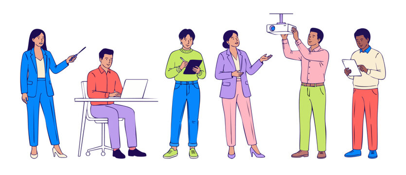 Business people vector illustration collection of diverse office workers team presenting, using laptop, tablet, and projector in corporate workspace setting, modern flat line art character design pack