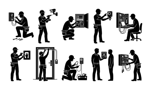 Security System Installation Technician Silhouette Icons Set