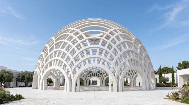 Large white lattice dome structure, modern architecture, futuristic building, exterior design