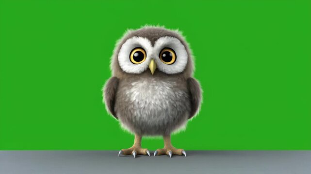 Adorable baby owl standing on a branch in a studio with green screen background and soft lighting