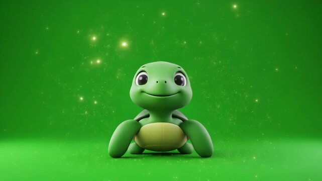 Adorable cartoon turtle emerges from ground with sparkling magic in studio lighting