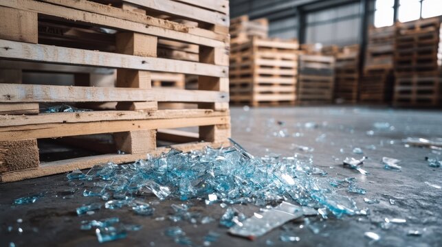 Broken glass scattered on the floor near wooden pallets in a warehouse. The scene shows a clean industrial environment with a focus on safety hazards.