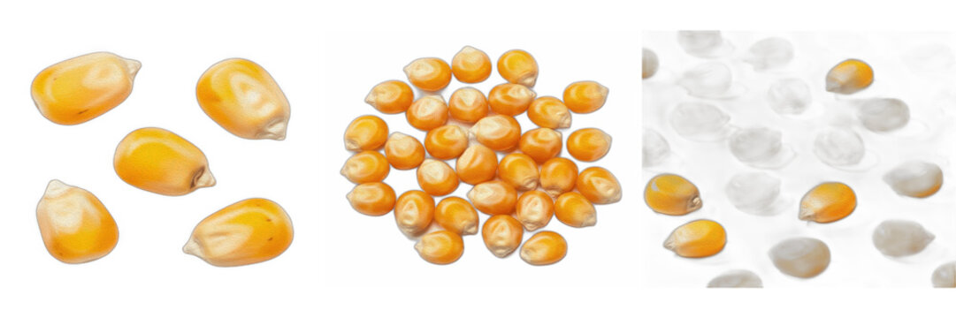 Dry corn kernels isolated on white background, set of yellow maize grains, corn seeds, and agricultural cereal crops for food, farming, and popcorn ingredient designs, transparent cutout PNG graphic e
