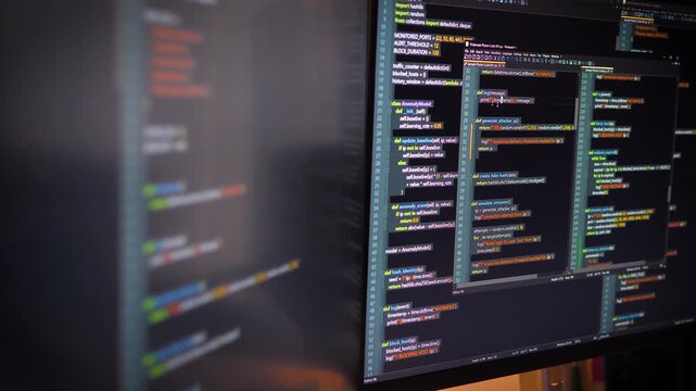 Close up computer monitors displaying fictional programming code and software development interface, technology workspace concept