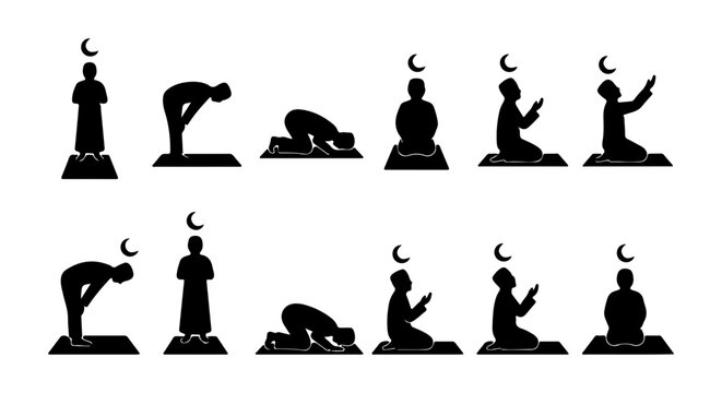 Islamic Prayer Salat Rakat Steps, Muslim Worship Poses, Crescent Moon Icon, Vector Icons