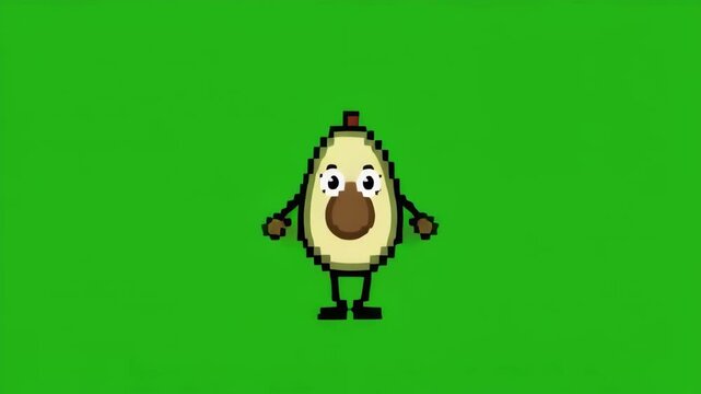 Animated Avocado Character Dancing with Joyful Motion on a Vibrant Green Screen Background