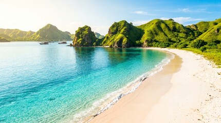 Obraz premium sunlit, cliffs, turquoise, waters, coastal, peaks, sharply, landscape, beautiful, island, mountain, sea, summer, indonesia, view, blue, scenic, bay, beach, sky, background, ocean, tourism, holiday, va