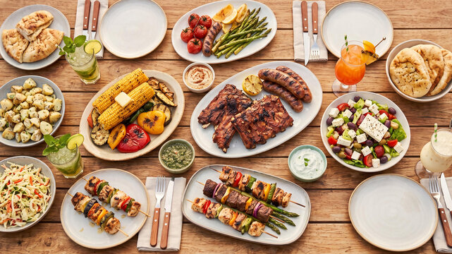 Overhead view of a delicious outdoor BBQ feast with various grilled meats, salads, vegetables, and drinks served on a rustic wooden table by a swimming pool. Perfect for summer parties.