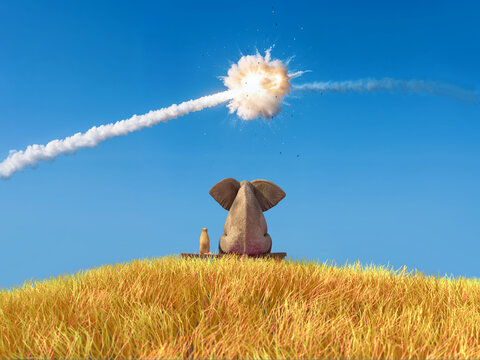 Air Defense Intercepting Missile: Elephant and Dog Watching Air Defense Work in the Sky