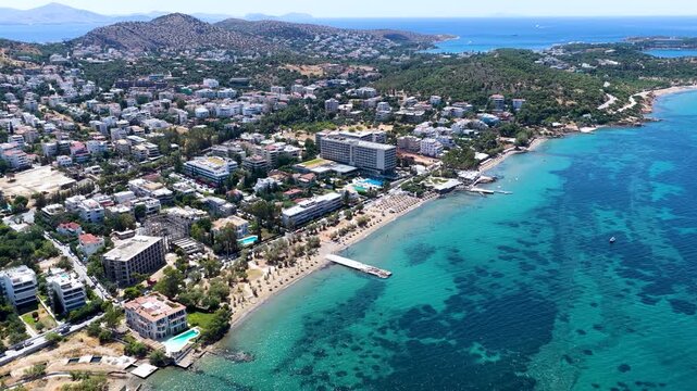 Panoramic aerial view of the small Kavouri beach located in Voula, south Athens Riviera, Greece