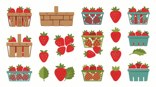 Fresh strawberries in baskets and individual fruit graphics.