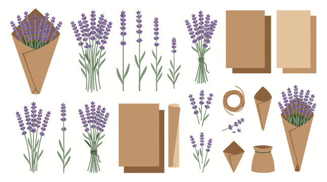 Lavender bundles and paper florist craft supplies.