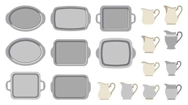 Metal serving trays and ceramic milk pitchers kitchenware