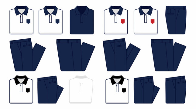 Navy and white school uniform apparel icons with polo shirts and trousers.