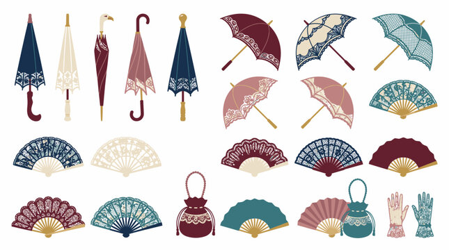 Retro accessories collection with umbrellas and folding fans.
