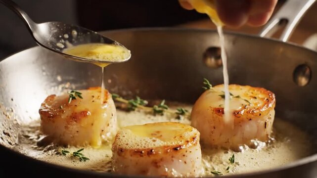 Chef basting pan seared scallops with melted butter and fresh lemon juice in a stainless steel pan
