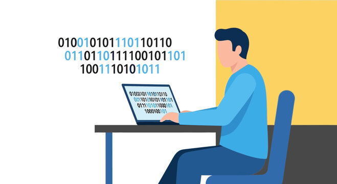 Man coding binary data on laptop