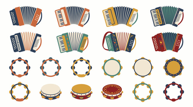 Traditional musical instruments including accordions and percussion tambourines