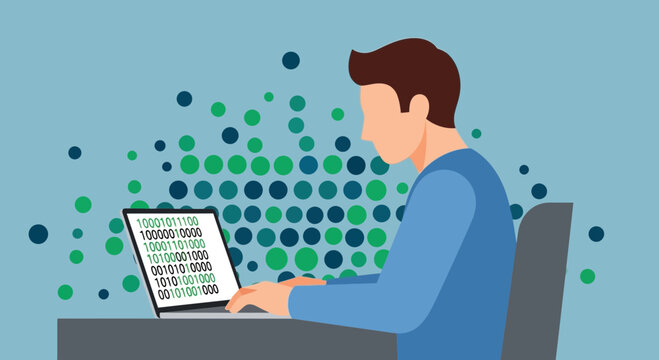 Man coding on laptop with binary code data