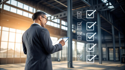 Professional Businessman in Modern Industrial Office Reviewing Portfolio Report