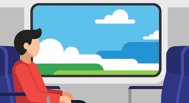 Man looking out train window at landscape