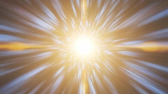 Cinematic motion through an abstract blue tunnel towards a bright golden light breakthrough