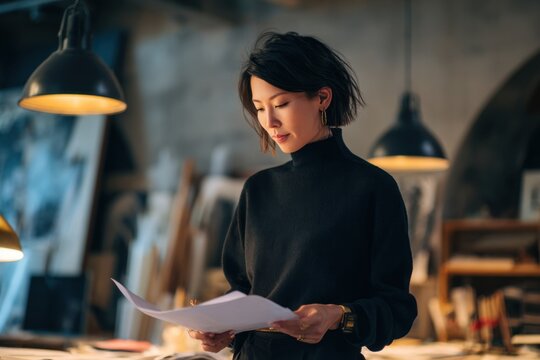 A professional 45 year old Asian female architect with fair skin and plus-size build reviews technical plans in her studio.